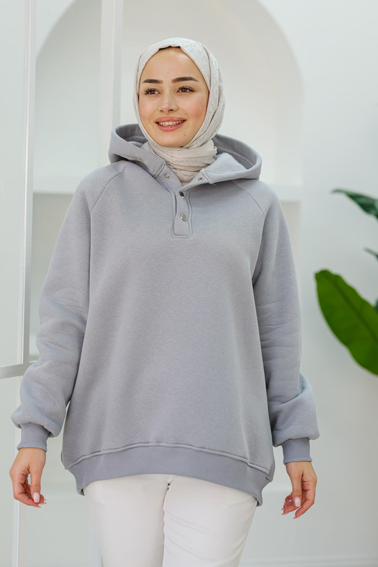 Çıt Çıt Detay Kapüşonlu Sweatshirt Gri