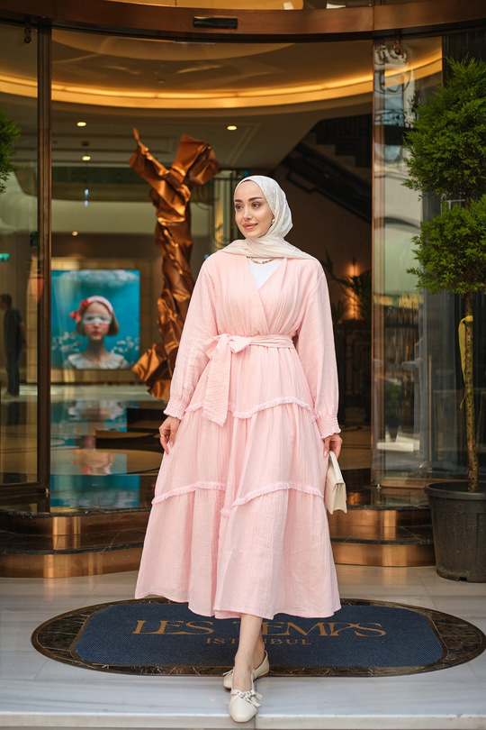 Püskül Detay V Yaka Bel Bağlamalı Elbise Pembe