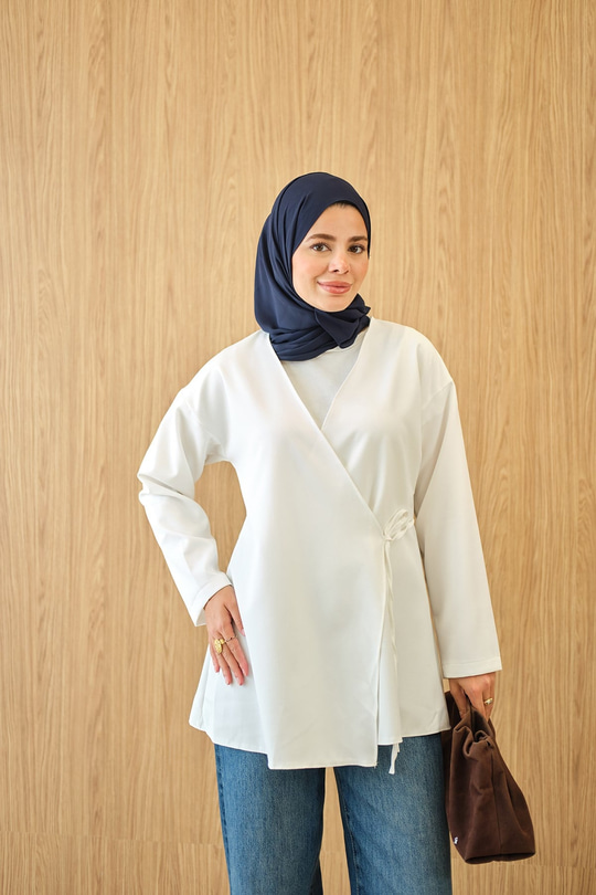 Yan Bağlamalı Kimono Beyaz