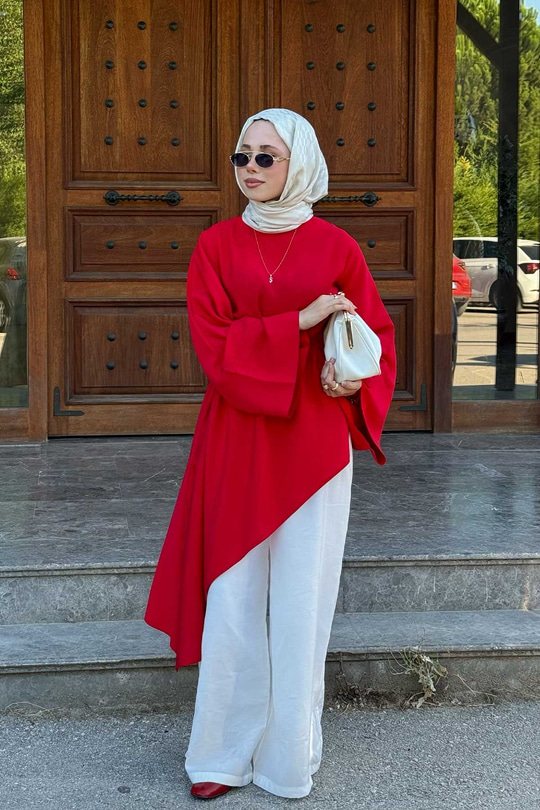 Asimetrik Kesim Bel Bağlamalı Takım Kırmızı