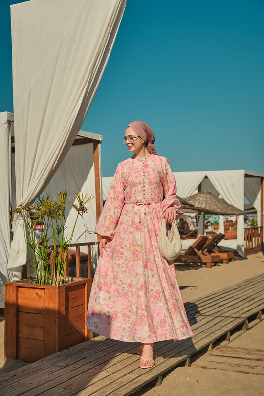 Çiçek Desen Düğmeli Ve Bel Bağlamalı Elbise Açık Pembe