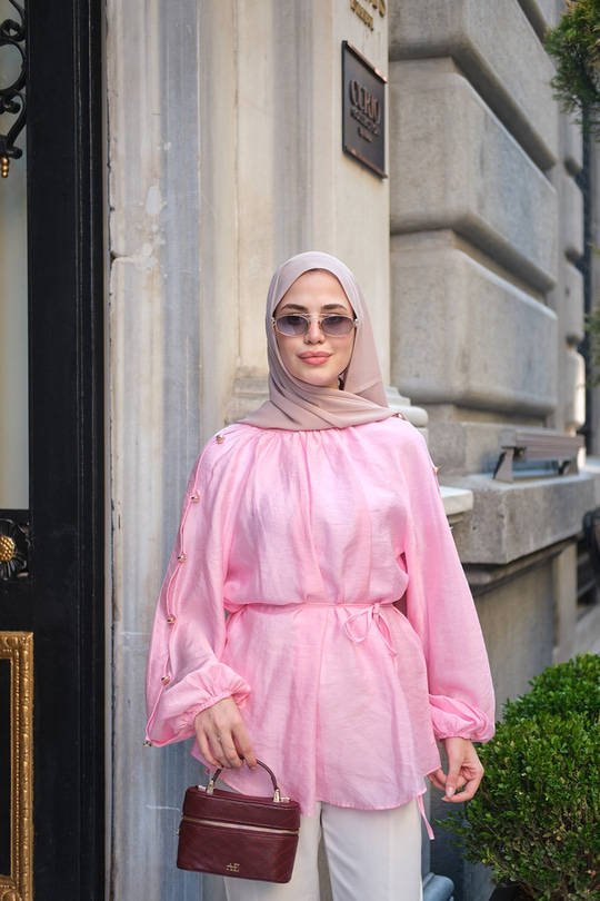Kolları Düğme Detay Balon Kol Bel Bağlamalı Tunik Pembe