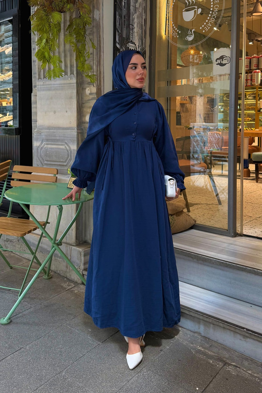 Yan Bağlama Detaylı Sıfır Yaka Elbise Lacivert