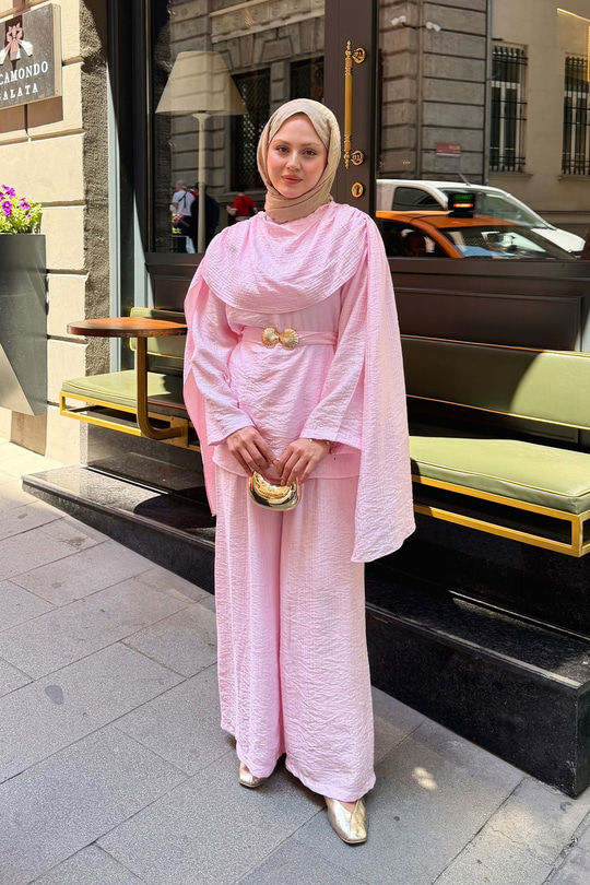 Şal Detay Bel Bağlamalı Takım Pembe