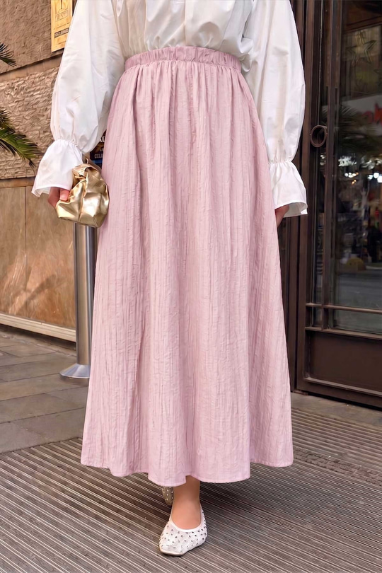 İçi Astarlı Beli Lastikli Kendinden Desen Gofre Etek Toz Pembe