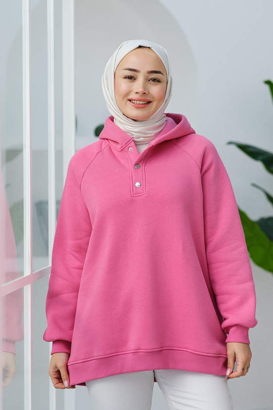 Çıt Çıt Detay Kapüşonlu Sweatshirt Pembe