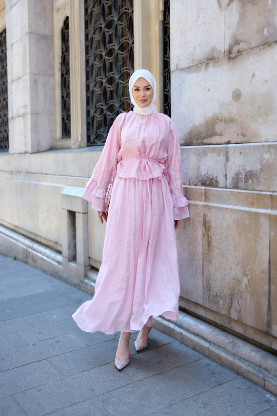 Kolu Fırfır Detay İç Astarlı Tül Takım Pembe