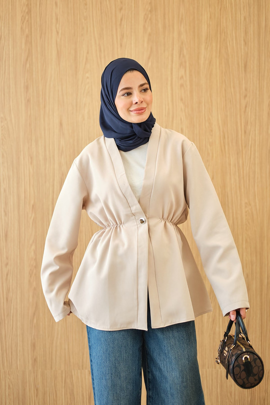 Beli Lastikli Düğme Detay Kimono Krem