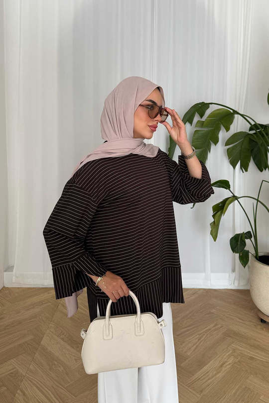 Yırtmaç Detay Çizgili Sweatshirt Kahverengi