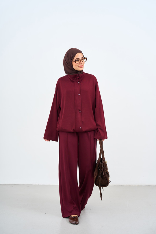 Çift Cepli Çıtçıtlı Pantolonu Biyeli Fermuarlı Takım Bordo