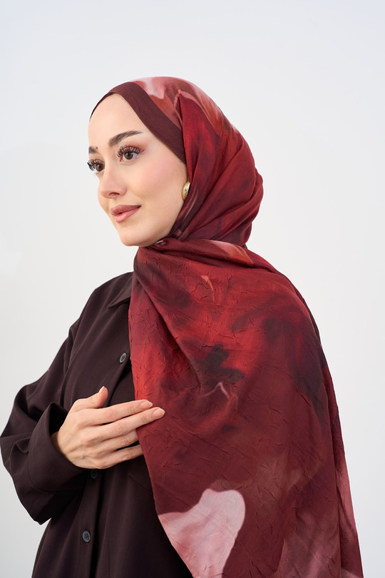 Kırışık Detay Sulu Boya Desen Şal Bordo