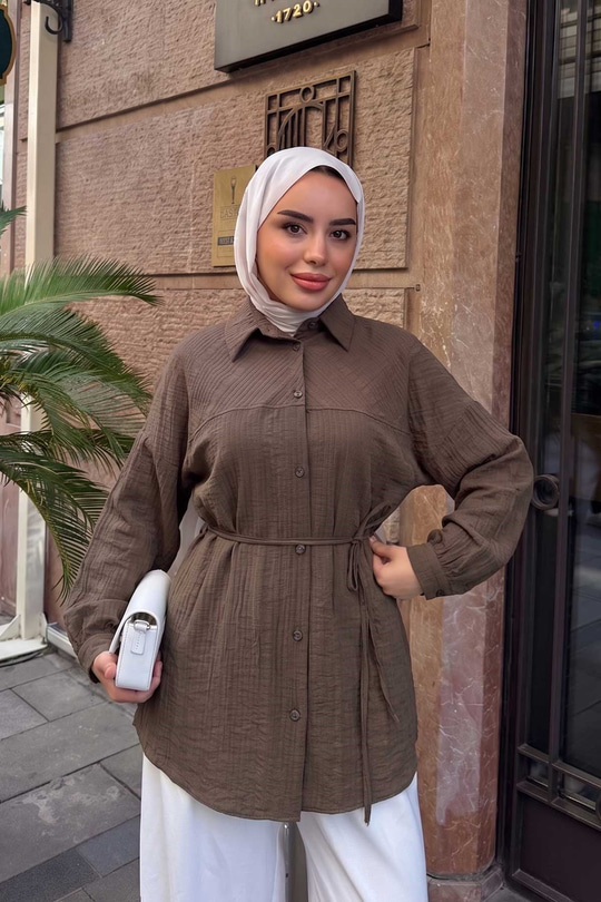 Kendinden Desenli Bel Bağlamalı Gömlek Kahverengi
