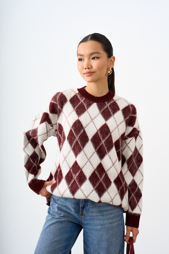 Baklava Desen Oversize Triko Tunik Bordo