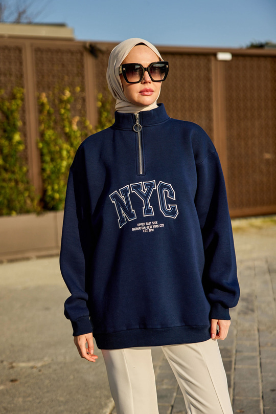 NYC Baskılı Yarım Fermuarlı Sweat Lacivert