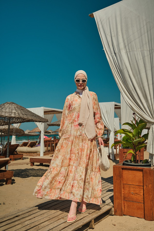 Floral Çiçek Desen Elbise Somon