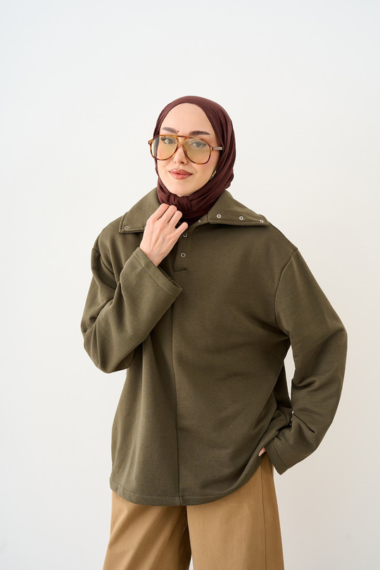 Yaka Çıtçıt Detay Üç İplik Sweatshirt Haki Yeşil