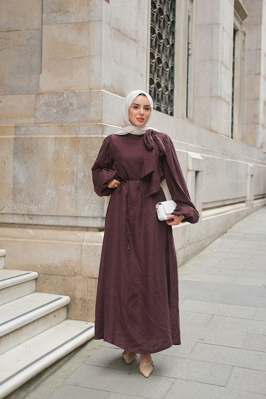 Yandan Dört Düğme Detay Bel Bağlamalı Elbise Bordo
