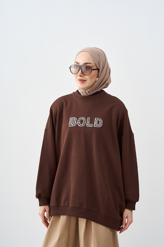 Taş İşlemeli Bisiklet Yaka Sweatshirt Kahverengi