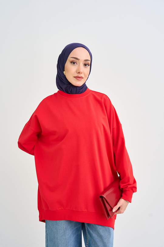 Bisiklet Yaka Oversize Sweatshirt Kırmızı