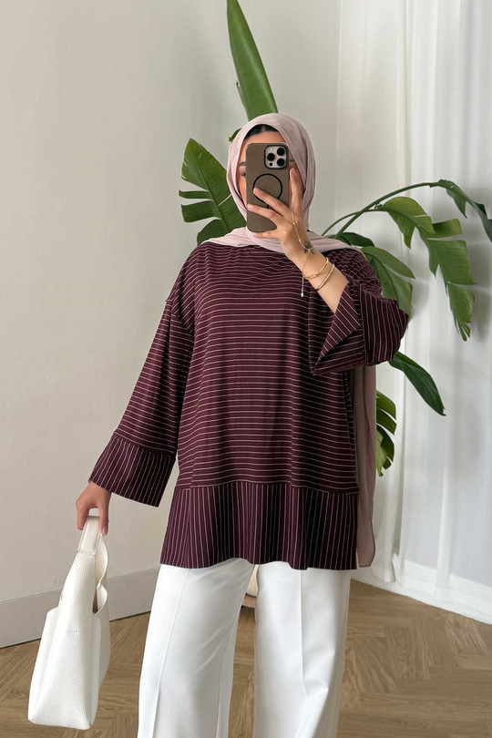 Yırtmaç Detay Çizgili Sweatshirt Bordo