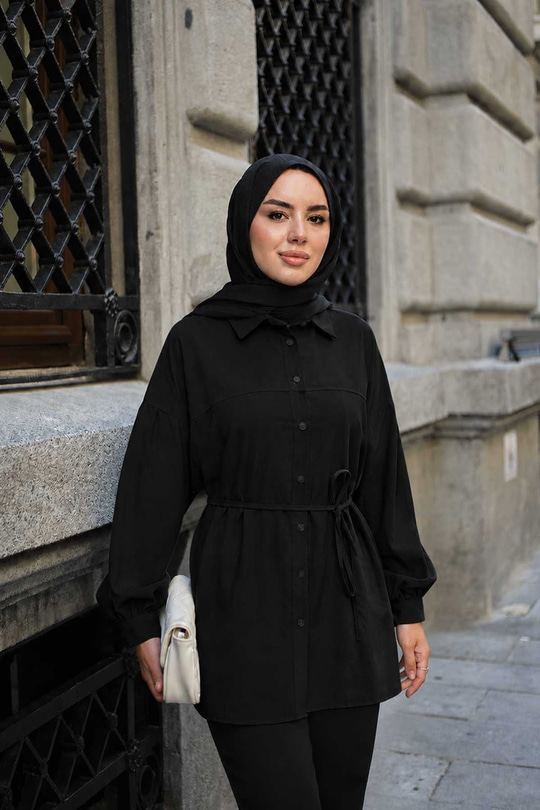 Önü Çimalı Bel Bağlamalı Modal Gömlek Siyah