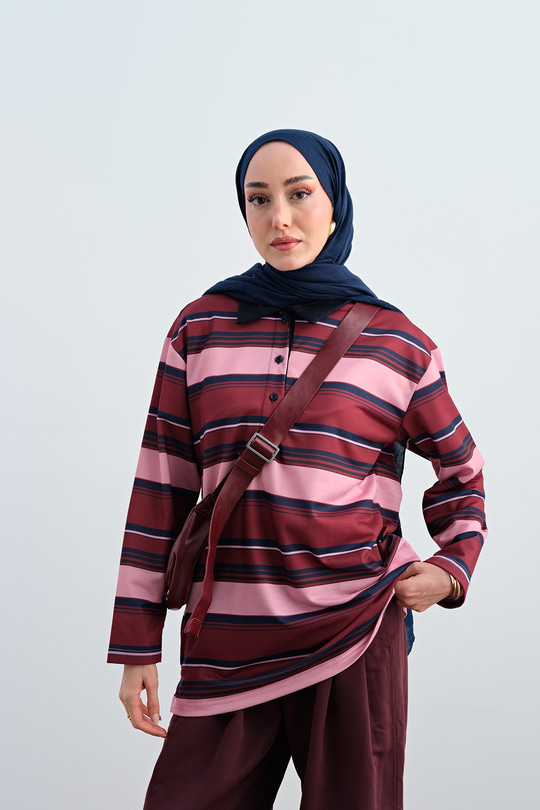 İnce Çizgili Yarım Düğmeli Sweat Pembe
