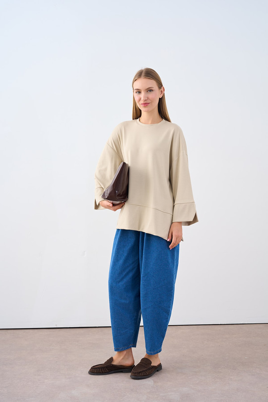 Bisiklet Yaka Çima Detay Sweatshirt Krem