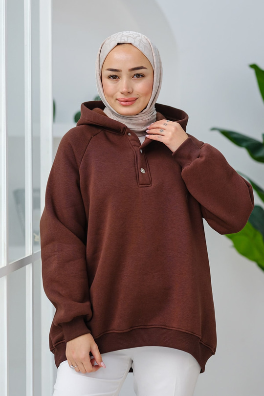 Çıt Çıt Detay Kapüşonlu Sweatshirt Kahverengi