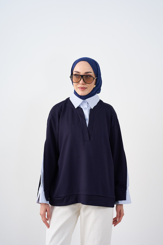 Gömlek Yaka Çizgi Detay Sweatshirt Lacivert