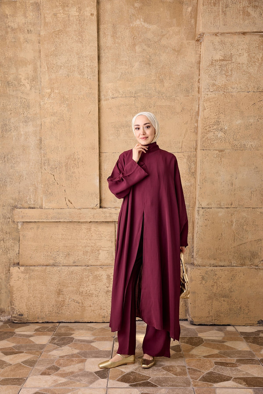 Bel Bağlamalı Elbiseli Takım Bordo