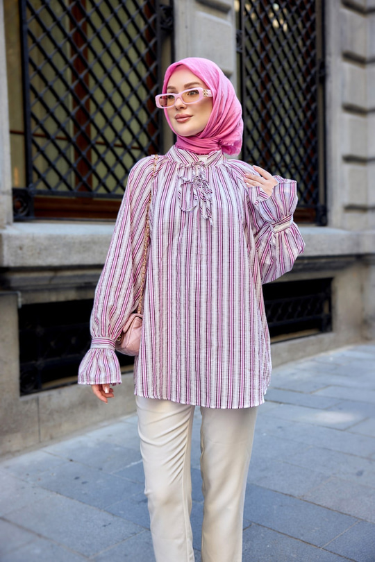 Yaka Bağlamalı İnce Ve Kalın Çizgili Bel Bağlamalı Poplin Tunik Pembe