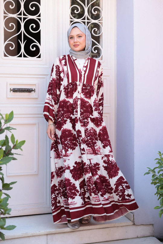 Ağaç Desenli Elbise Bordo