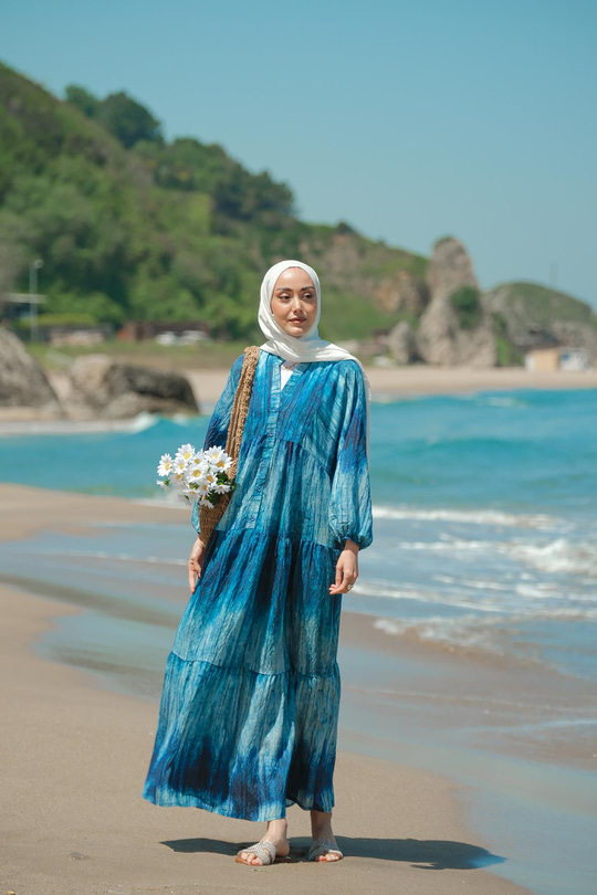 Ahşap Desenli Elbise Mavi