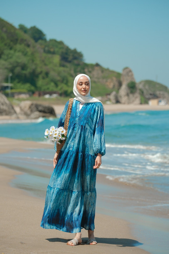 Ahşap Desenli Elbise Mavi