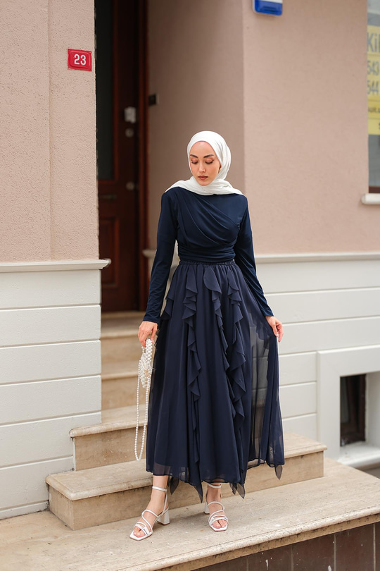 Anneliesse Şifon Fırfırlı Takım Lacivert