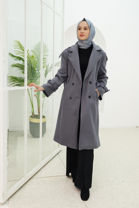 Apolet Detay Midi Boy Kaşe Kaban Antrasit