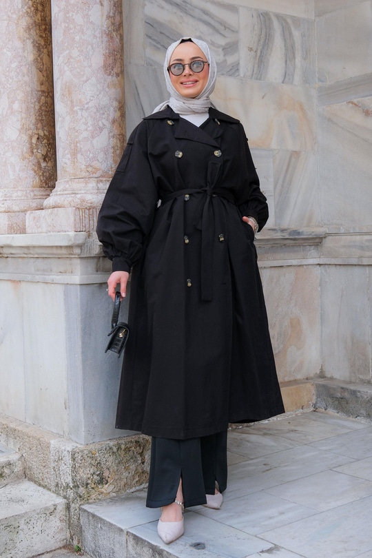 Arka Düğme Detay Trenckot Siyah