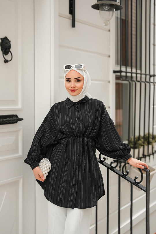 Asimetrik Çizgili Gömlek Siyah