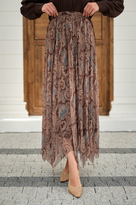 Asimetrik Kesim Etnik Desenli Şifon Etek Küf Yeşil