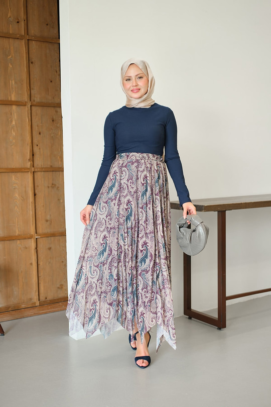 Asimetrik Kesim Etnik Desenli Şifon Etek Mor