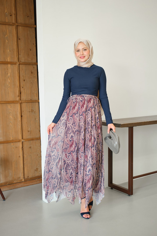 Asimetrik Kesim Etnik Desenli Şifon Etek Vişne Çürüğü
