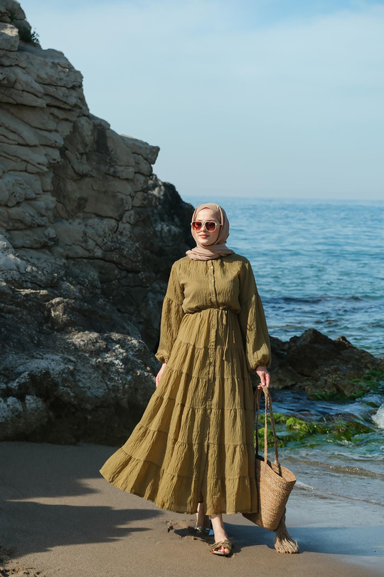 Astarlı Tül Elbise Yağ Yeşil