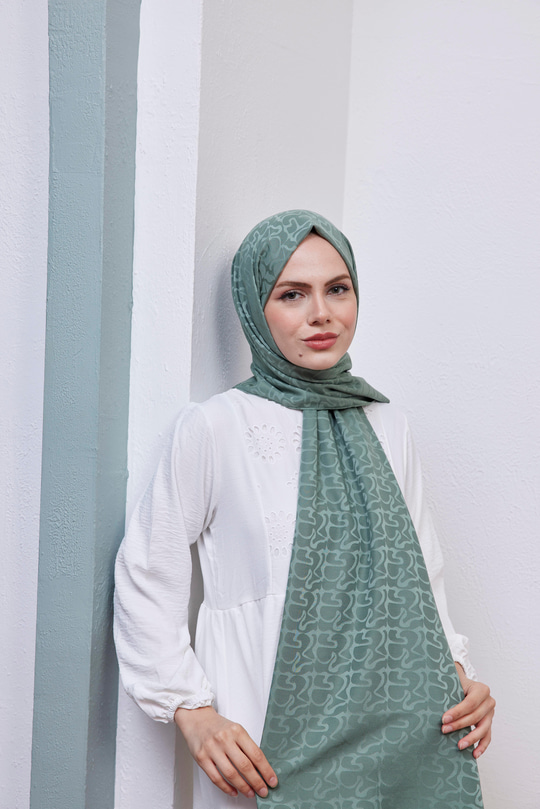 Aura Desen Jakar Şal Mint Yeşil