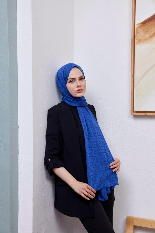 Aura Desen Jakar Şal Saks Mavi