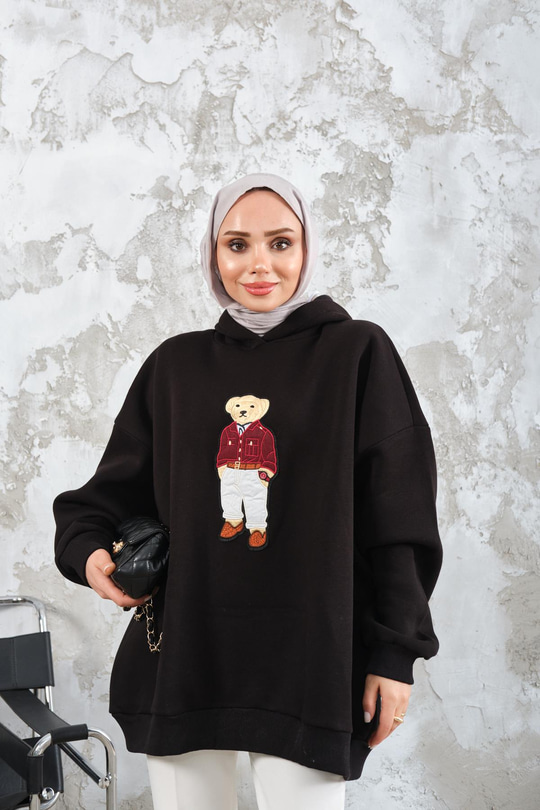 Ayıcık Nakışlı Sweat Siyah
