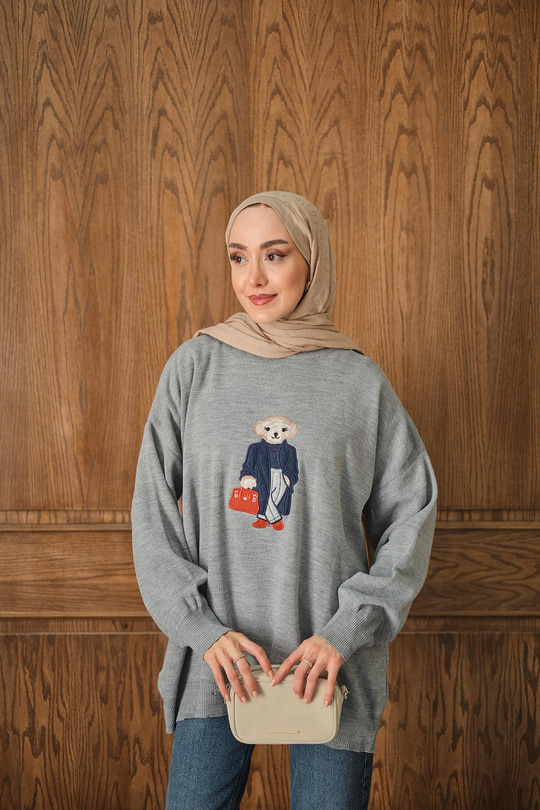 Ayıcık Nakışlı Triko Takım Gri