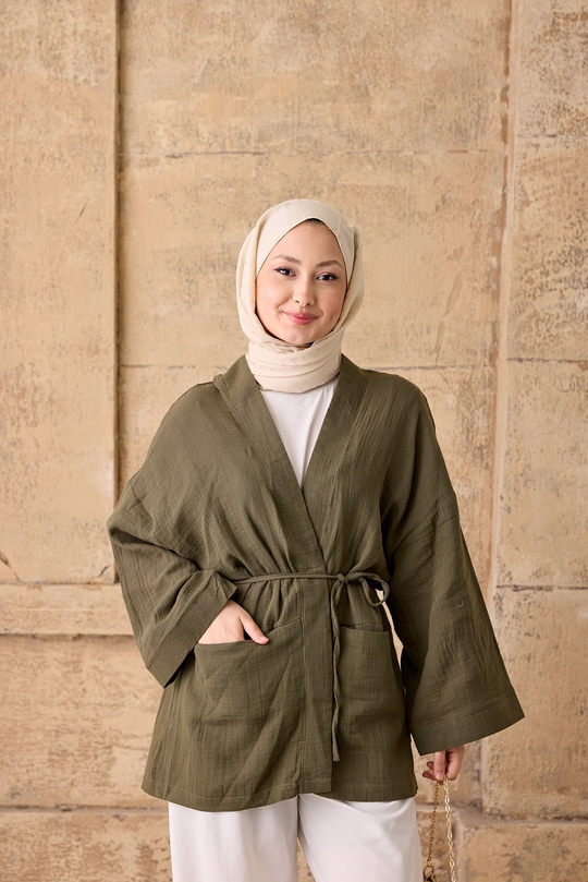 Cep Detaylı Keten Kimono Haki Yeşil