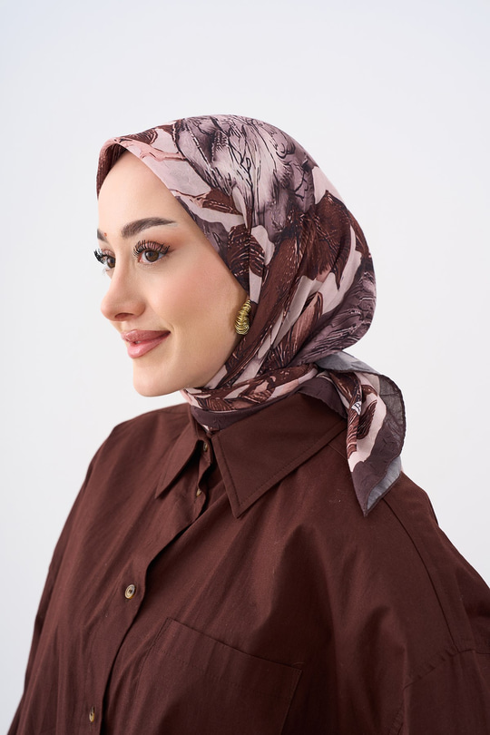 Yaprak Desen Bambu Kraş Eşarp Kahverengi