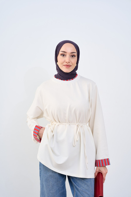 Yaka Ve Kolları Çizgi Garnili Bel Bağlamalı Sweatshirt Ekru