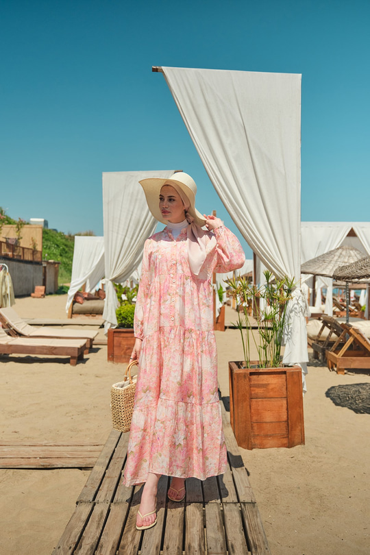 Şakayık Desen Elbise Pembe